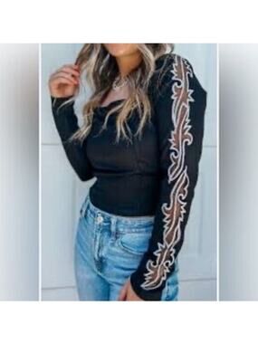 NWT 2Fly Western Boutique Black Boot Stitch Long Sleeve Top Women's Size S